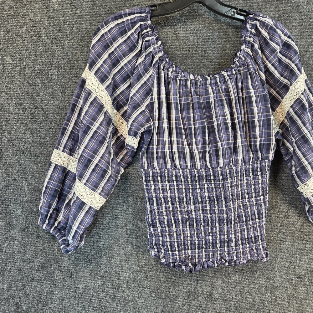 Kimchi Blue Blue Plaid Off-Shoulder Smocked Blouse with Velvet Bow - Picture 9 of 13